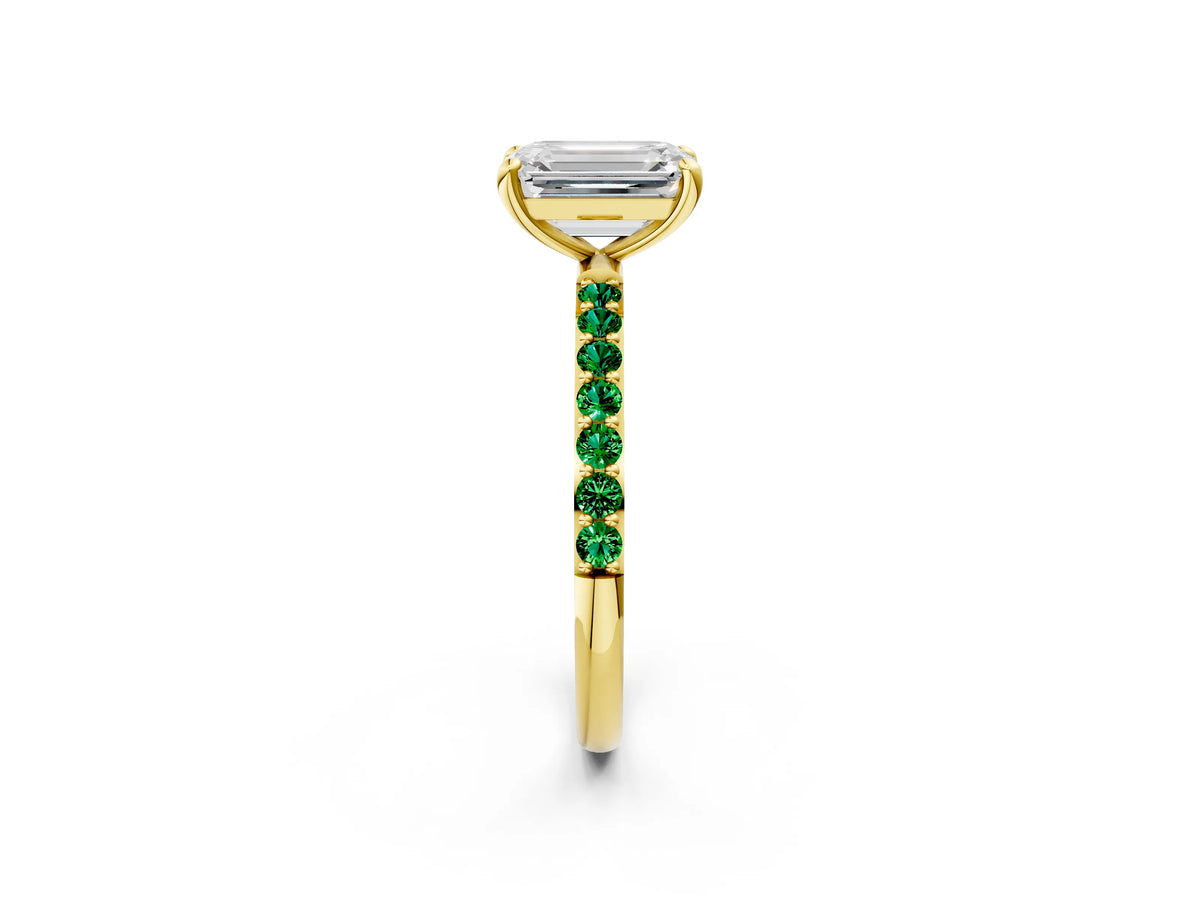 Yellow gold Emerald Cut Diamond Solitaire Ring with Round Emerald Pavé Band and Prong Setting_2