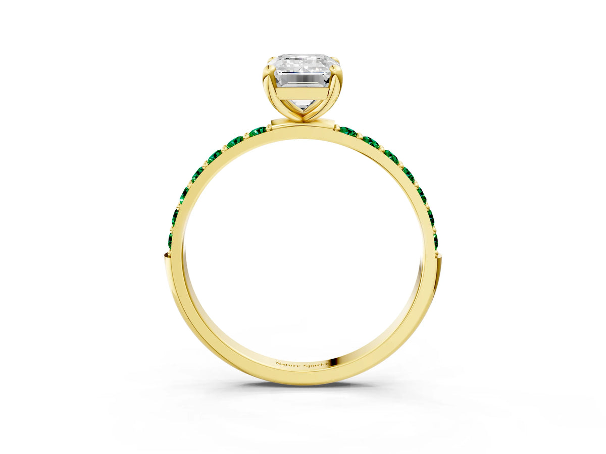 Yellow gold Emerald Cut Diamond Solitaire Ring with Round Emerald Pavé Band and Prong Setting_3