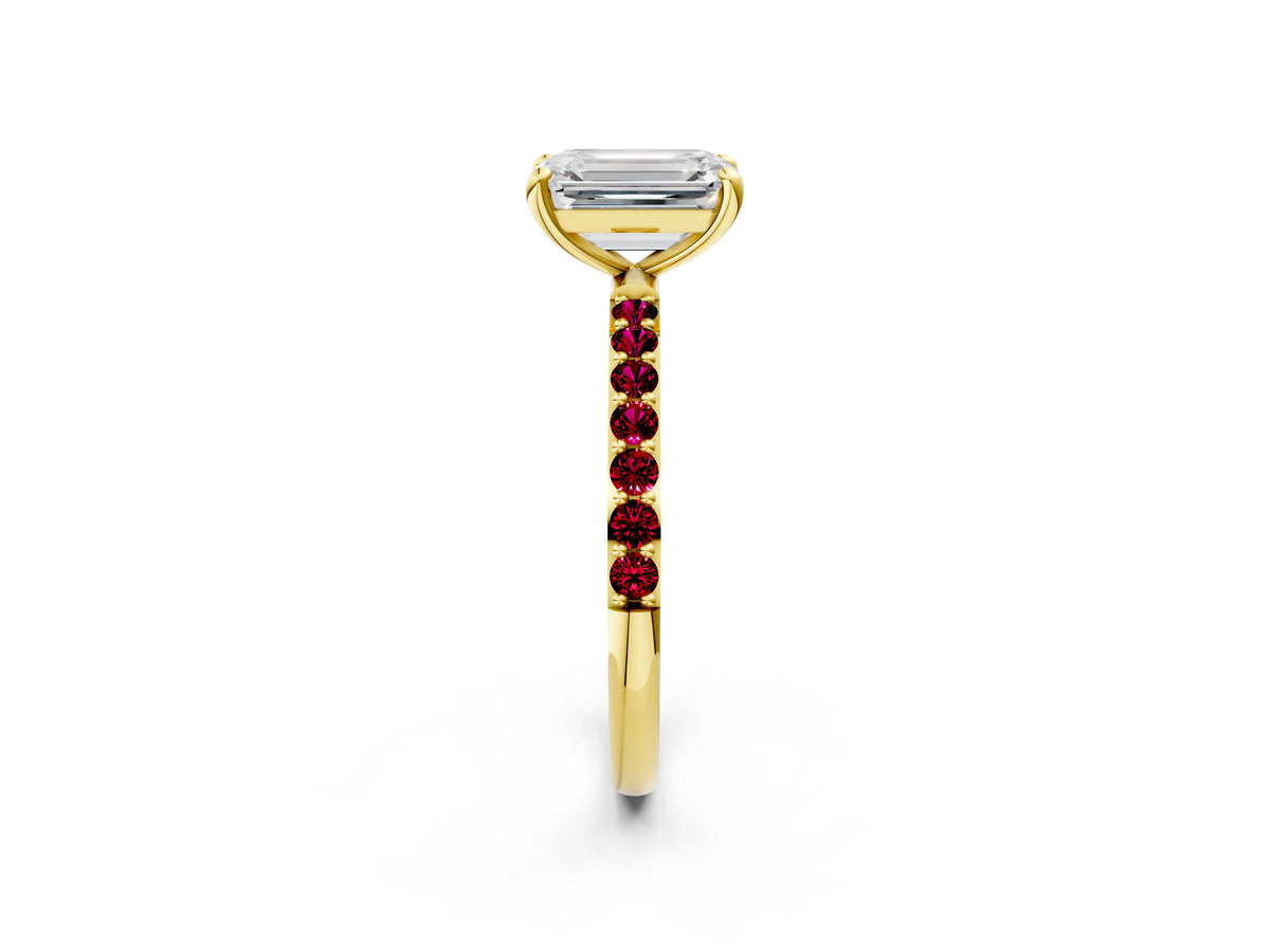 Yellow gold Emerald Cut Diamond Solitaire Ring with Round Garnet Pavé Band and Prong Setting_2