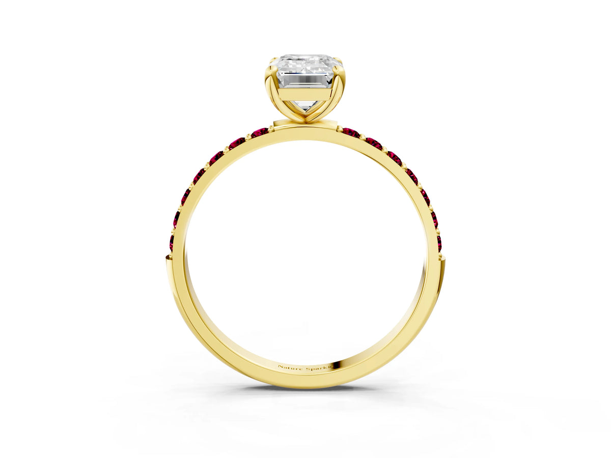 Yellow gold Emerald Cut Diamond Solitaire Ring with Round Garnet Pavé Band and Prong Setting_3