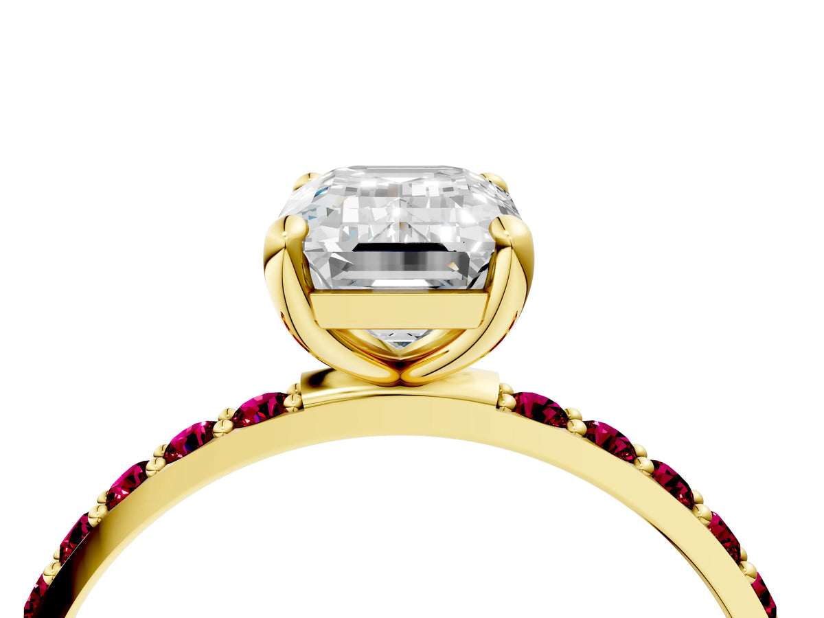 Yellow gold Emerald Cut Diamond Solitaire Ring with Round Garnet Pavé Band and Prong Setting_4