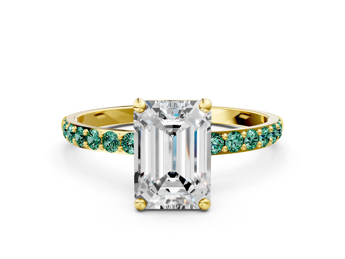 Yellow gold Emerald Cut Diamond Solitaire Ring with Round Green Sapphire Pavé Band and Prong Setting