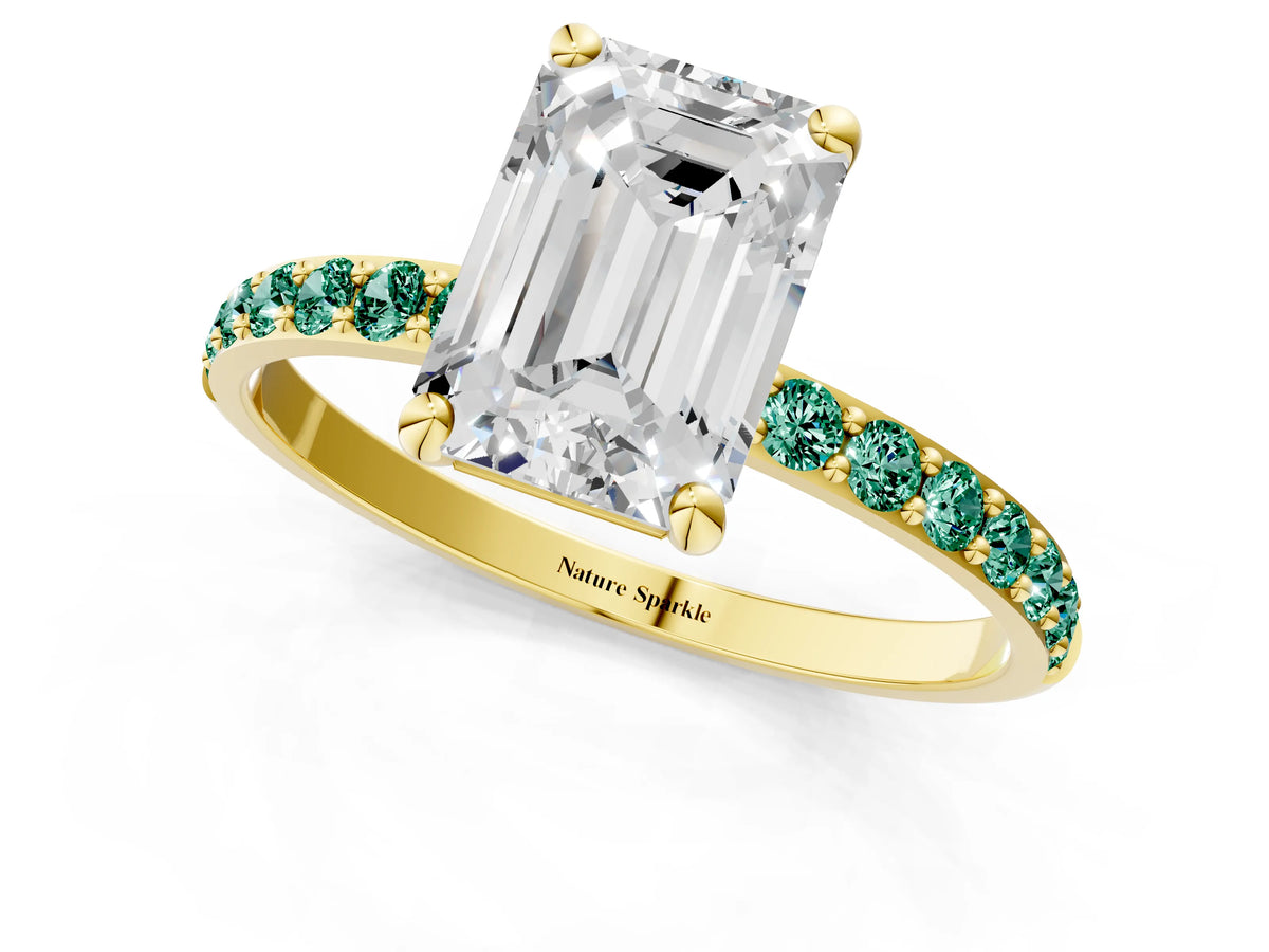 Yellow gold Emerald Cut Diamond Solitaire Ring with Round Green Sapphire Pavé Band and Prong Setting_1