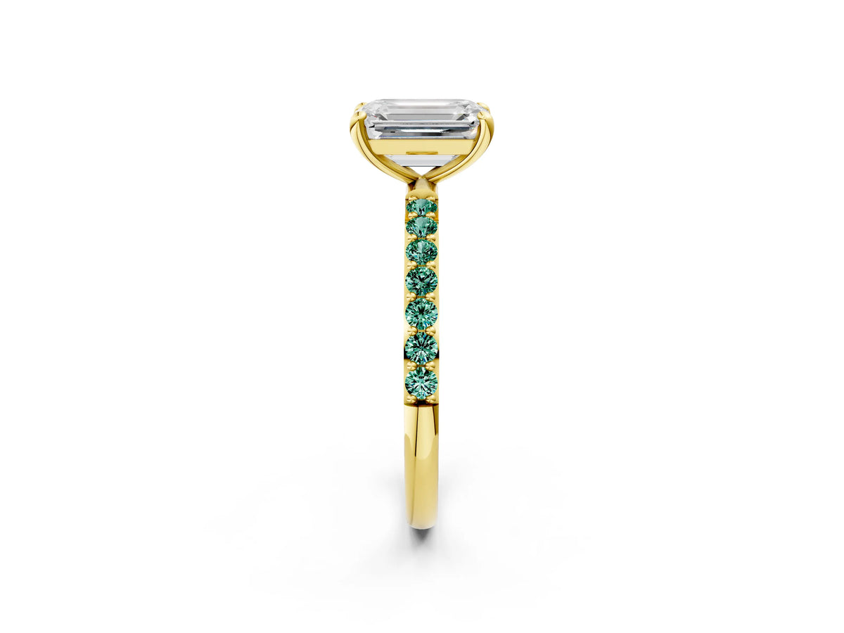 Yellow gold Emerald Cut Diamond Solitaire Ring with Round Green Sapphire Pavé Band and Prong Setting_2