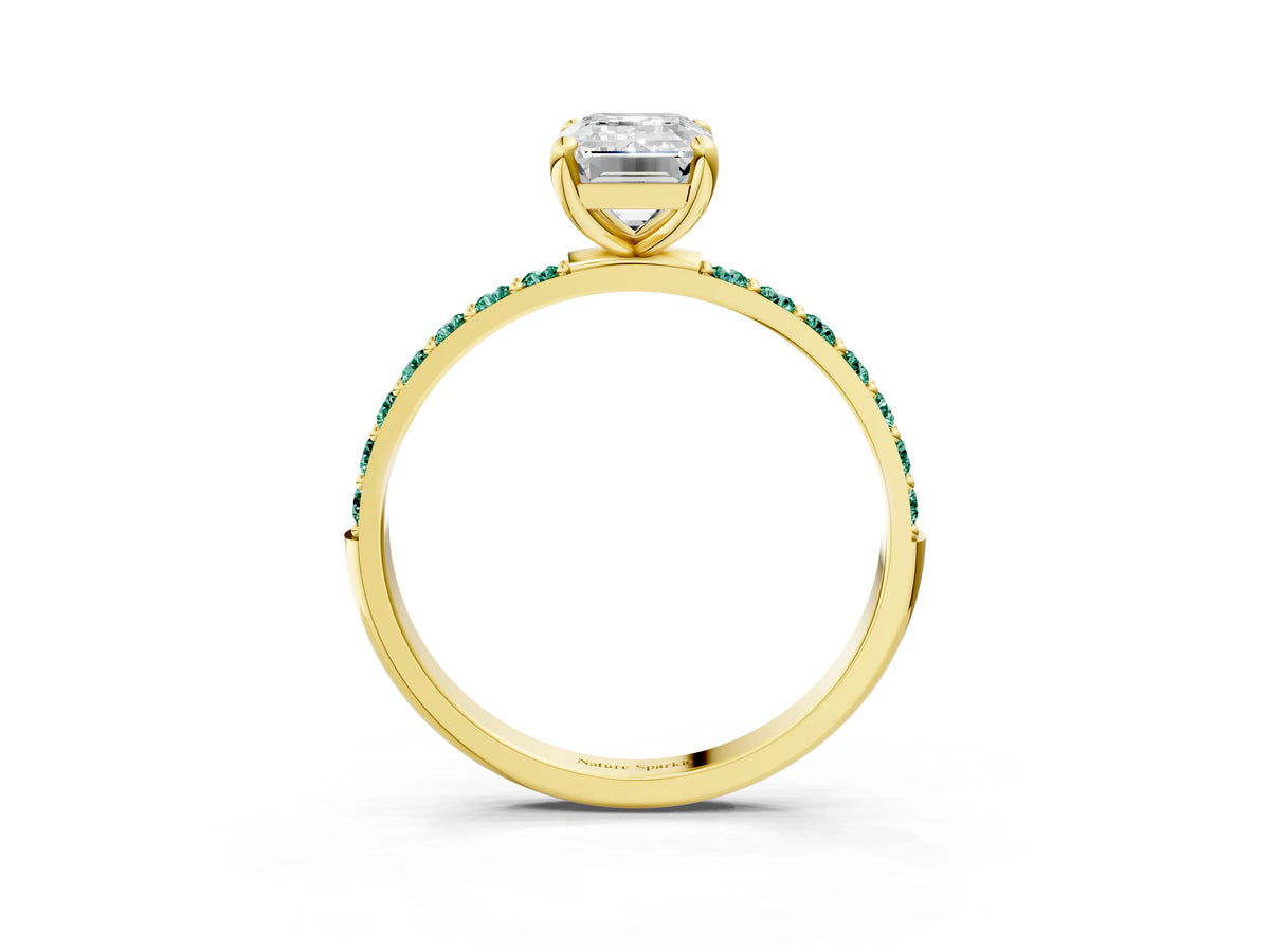 Yellow gold Emerald Cut Diamond Solitaire Ring with Round Green Sapphire Pavé Band and Prong Setting_3