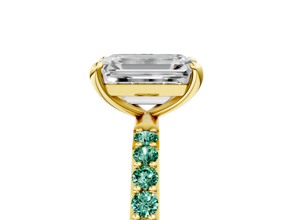 Yellow gold Emerald Cut Diamond Solitaire Ring with Round Green Sapphire Pavé Band and Prong Setting_5