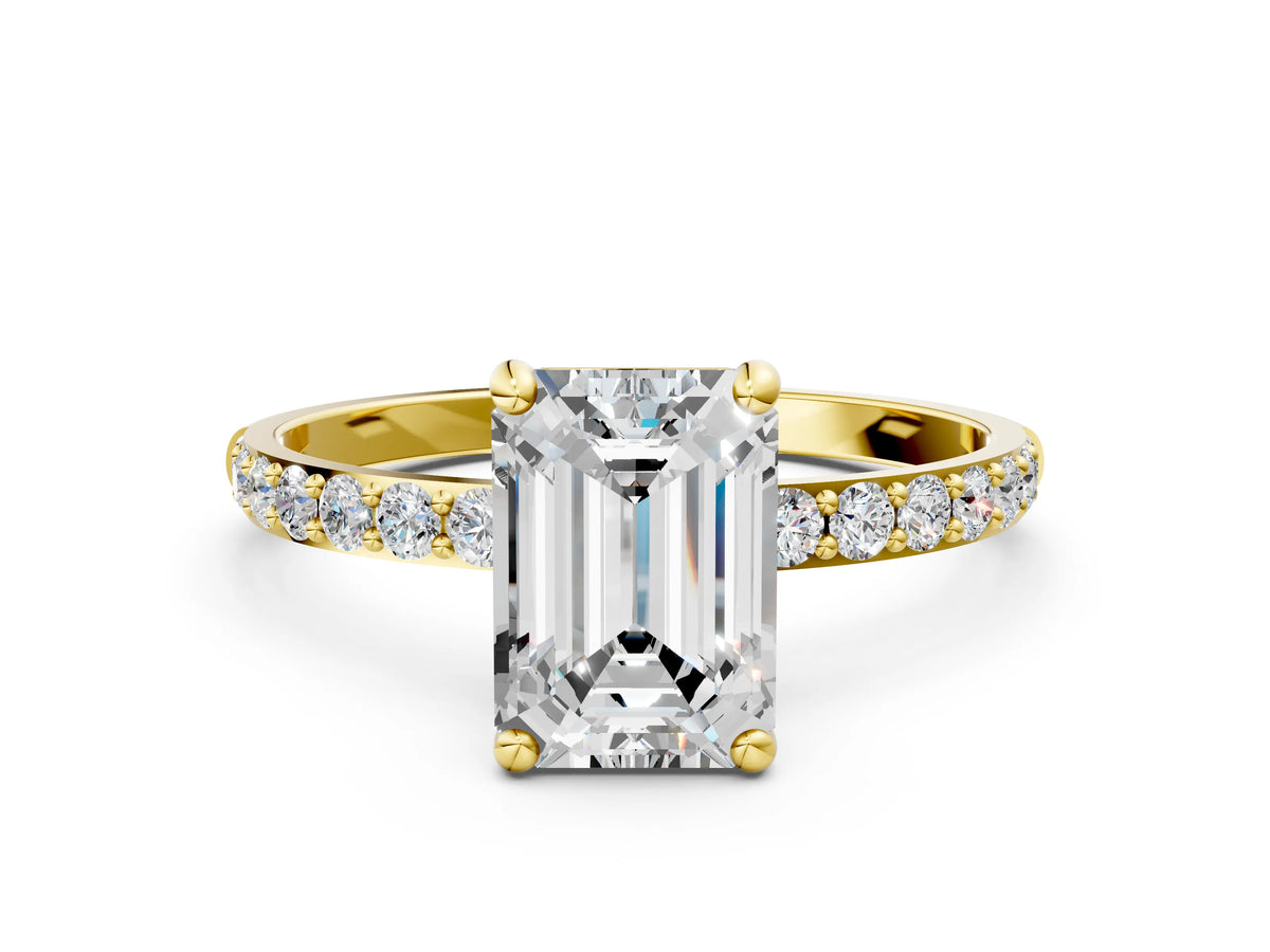 Yellow gold Emerald Cut Diamond Solitaire Ring with Round Moissanite Pavé Band and Prong Setting