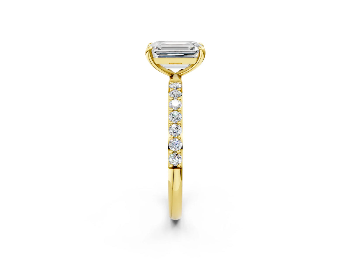 Yellow gold Emerald Cut Diamond Solitaire Ring with Round Moissanite Pavé Band and Prong Setting_2