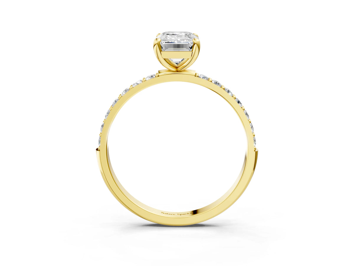 Yellow gold Emerald Cut Diamond Solitaire Ring with Round Moissanite Pavé Band and Prong Setting_3