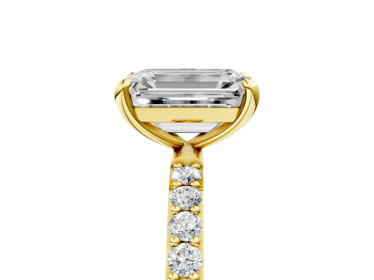 Yellow gold Emerald Cut Diamond Solitaire Ring with Round Moissanite Pavé Band and Prong Setting_5