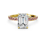 Yellow gold Emerald Cut Diamond Solitaire Ring with Round Morganite Pavé Band and Prong Setting