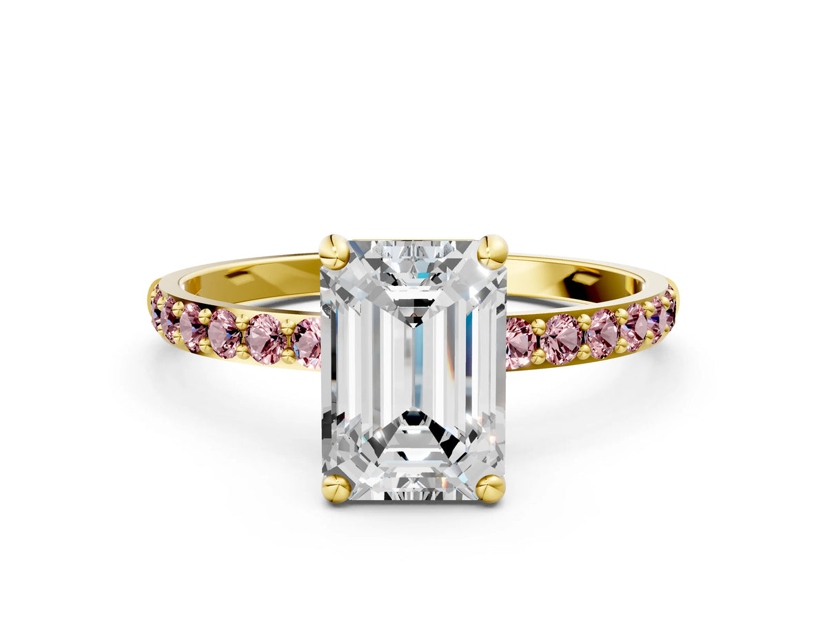 Yellow gold Emerald Cut Diamond Solitaire Ring with Round Morganite Pavé Band and Prong Setting