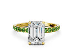 Yellow gold Emerald Cut Diamond Solitaire Ring with Round Peridot Pavé Band and Prong Setting