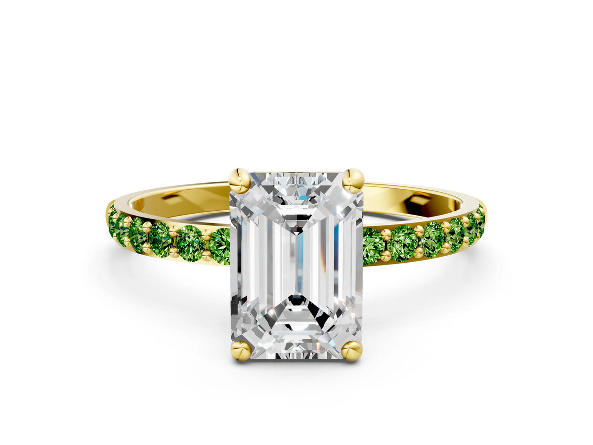Yellow gold Emerald Cut Diamond Solitaire Ring with Round Peridot Pavé Band and Prong Setting