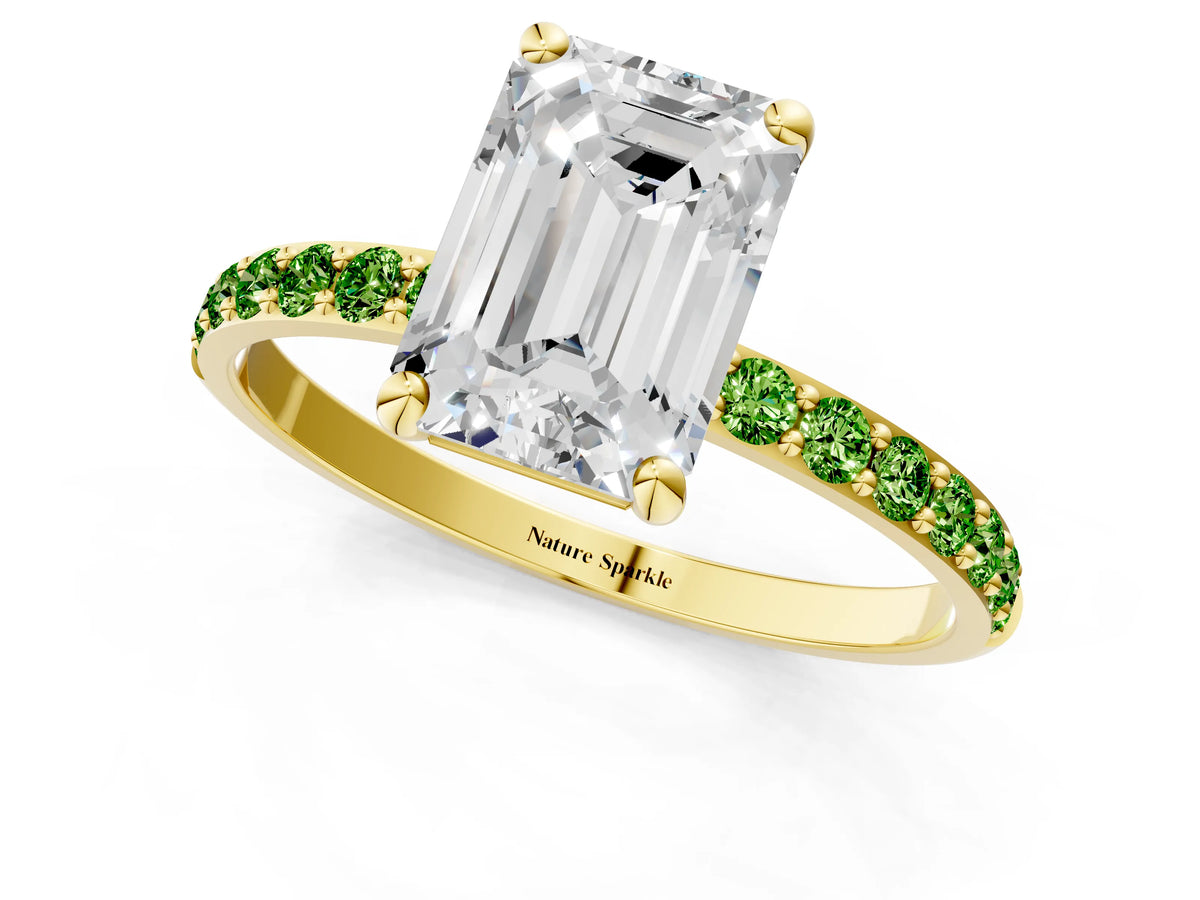 Yellow gold Emerald Cut Diamond Solitaire Ring with Round Peridot Pavé Band and Prong Setting_1
