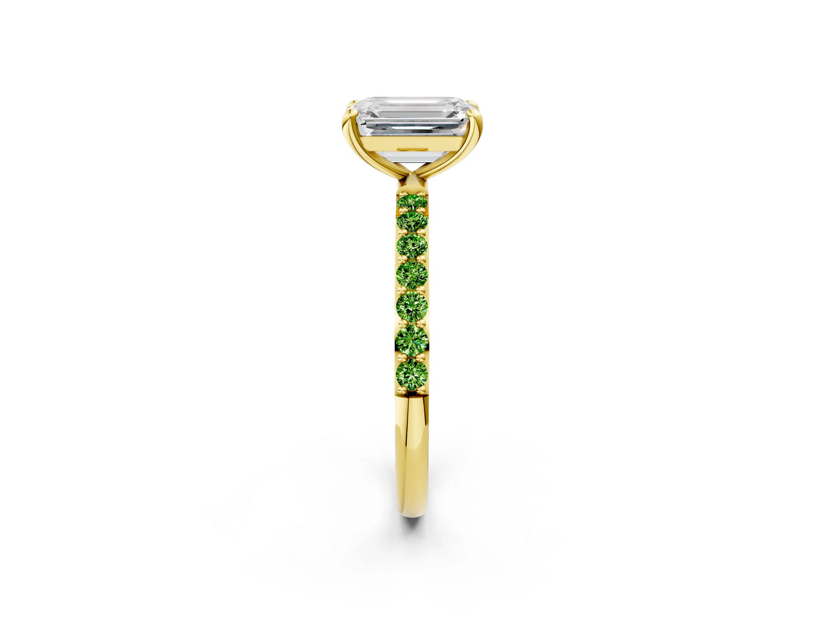 Yellow gold Emerald Cut Diamond Solitaire Ring with Round Peridot Pavé Band and Prong Setting_2