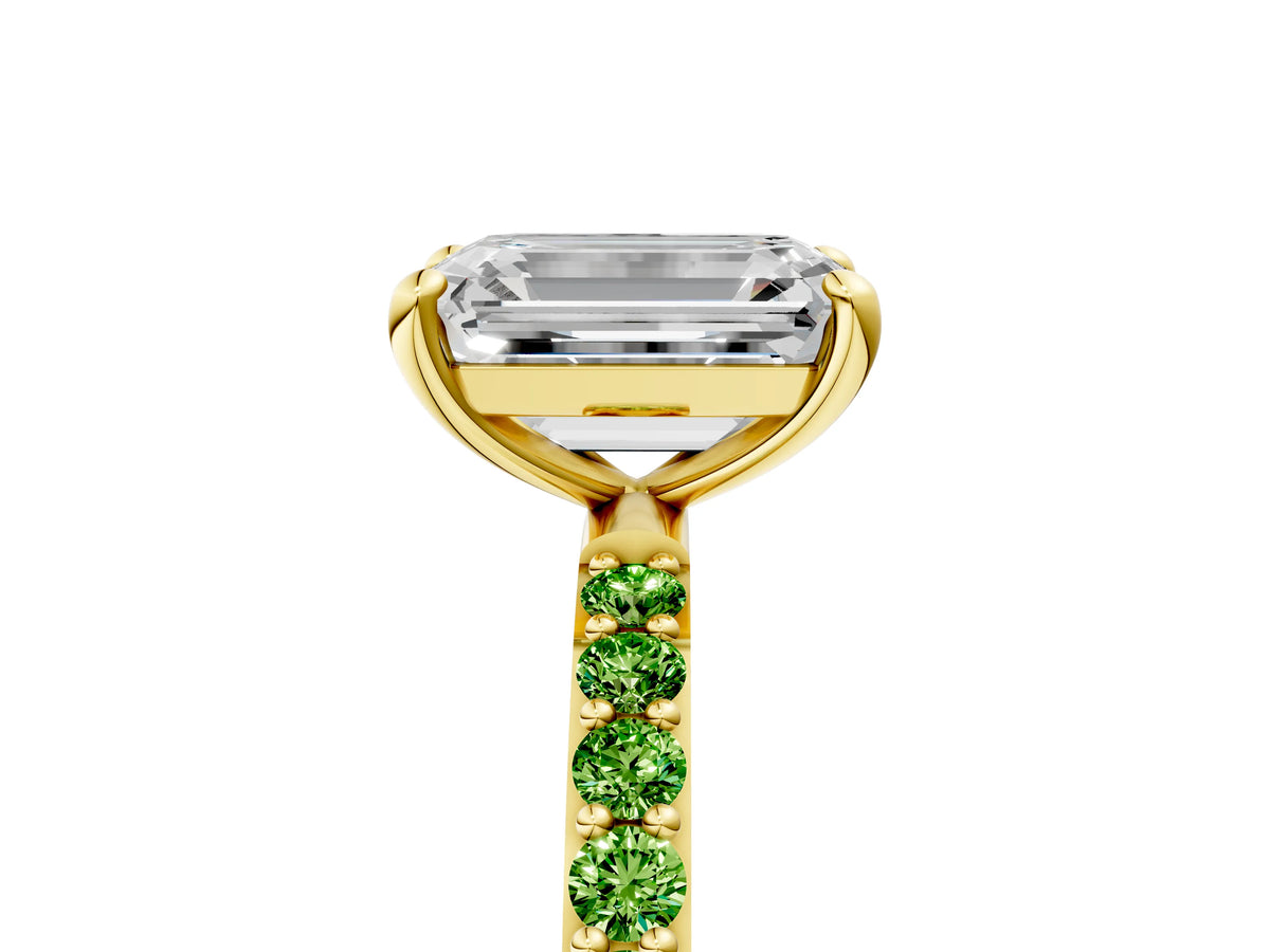 Yellow gold Emerald Cut Diamond Solitaire Ring with Round Peridot Pavé Band and Prong Setting_5