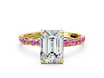 Yellow gold Emerald Cut Diamond Solitaire Ring with Round Pink Sapphire Pavé Band and Prong Setting