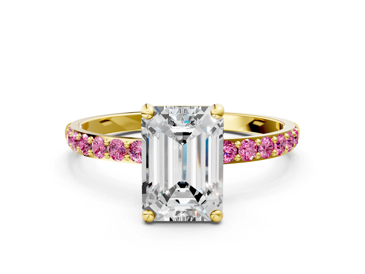 Yellow gold Emerald Cut Diamond Solitaire Ring with Round Pink Sapphire Pavé Band and Prong Setting