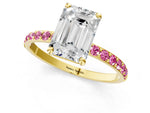 Yellow gold Emerald Cut Diamond Solitaire Ring with Round Pink Sapphire Pavé Band and Prong Setting_1