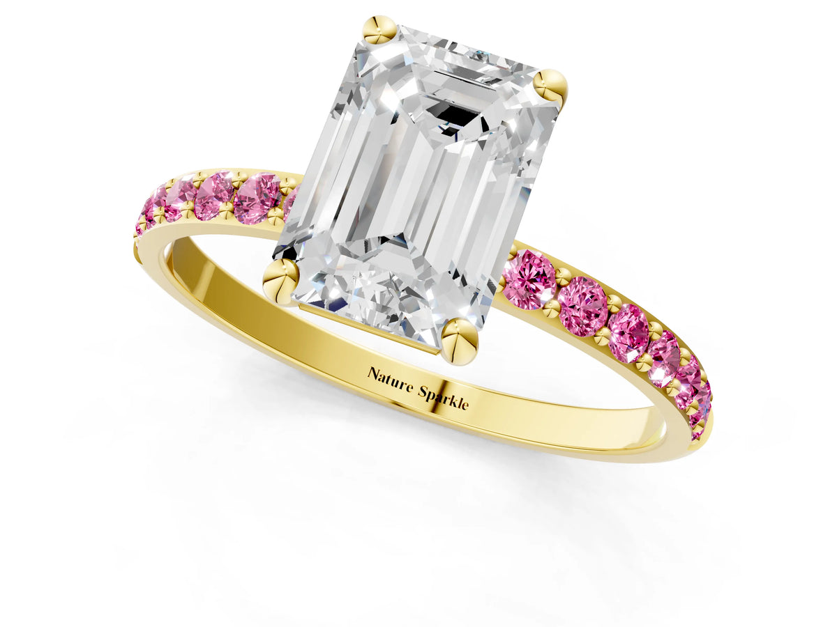 Yellow gold Emerald Cut Diamond Solitaire Ring with Round Pink Sapphire Pavé Band and Prong Setting_1
