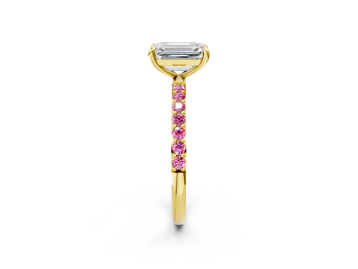 Yellow gold Emerald Cut Diamond Solitaire Ring with Round Pink Sapphire Pavé Band and Prong Setting_2