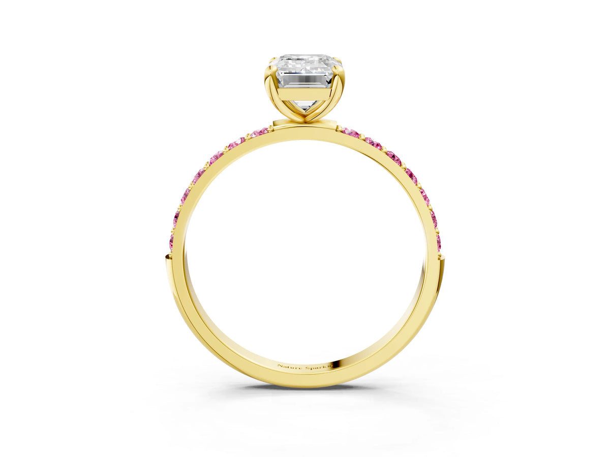 Yellow gold Emerald Cut Diamond Solitaire Ring with Round Pink Sapphire Pavé Band and Prong Setting_3