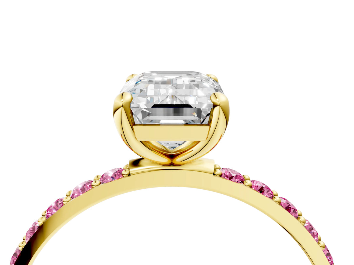 Yellow gold Emerald Cut Diamond Solitaire Ring with Round Pink Sapphire Pavé Band and Prong Setting_4