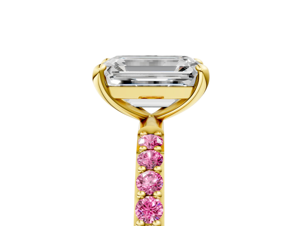 Yellow gold Emerald Cut Diamond Solitaire Ring with Round Pink Sapphire Pavé Band and Prong Setting_5