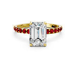 Yellow gold Emerald Cut Diamond Solitaire Ring with Round Ruby Pavé Band and Prong Setting