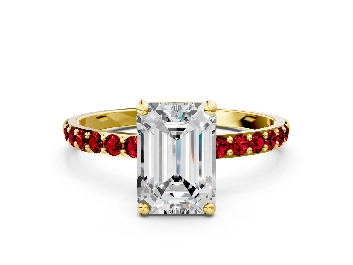 Yellow gold Emerald Cut Diamond Solitaire Ring with Round Ruby Pavé Band and Prong Setting
