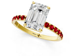 Yellow gold Emerald Cut Diamond Solitaire Ring with Round Ruby Pavé Band and Prong Setting_1