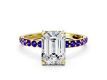 Yellow gold Emerald Cut Diamond Solitaire Ring with Round Tanzanite Pavé Band and Prong Setting