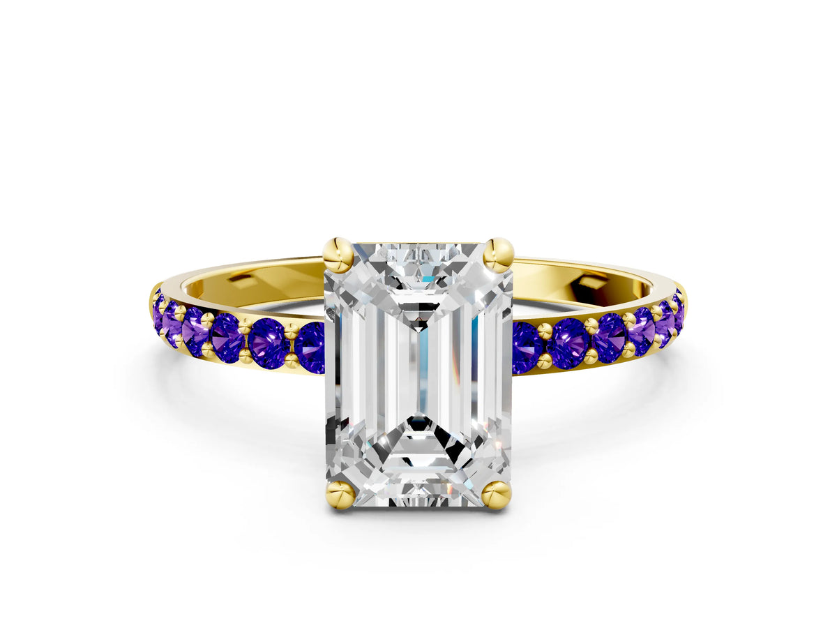 Yellow gold Emerald Cut Diamond Solitaire Ring with Round Tanzanite Pavé Band and Prong Setting