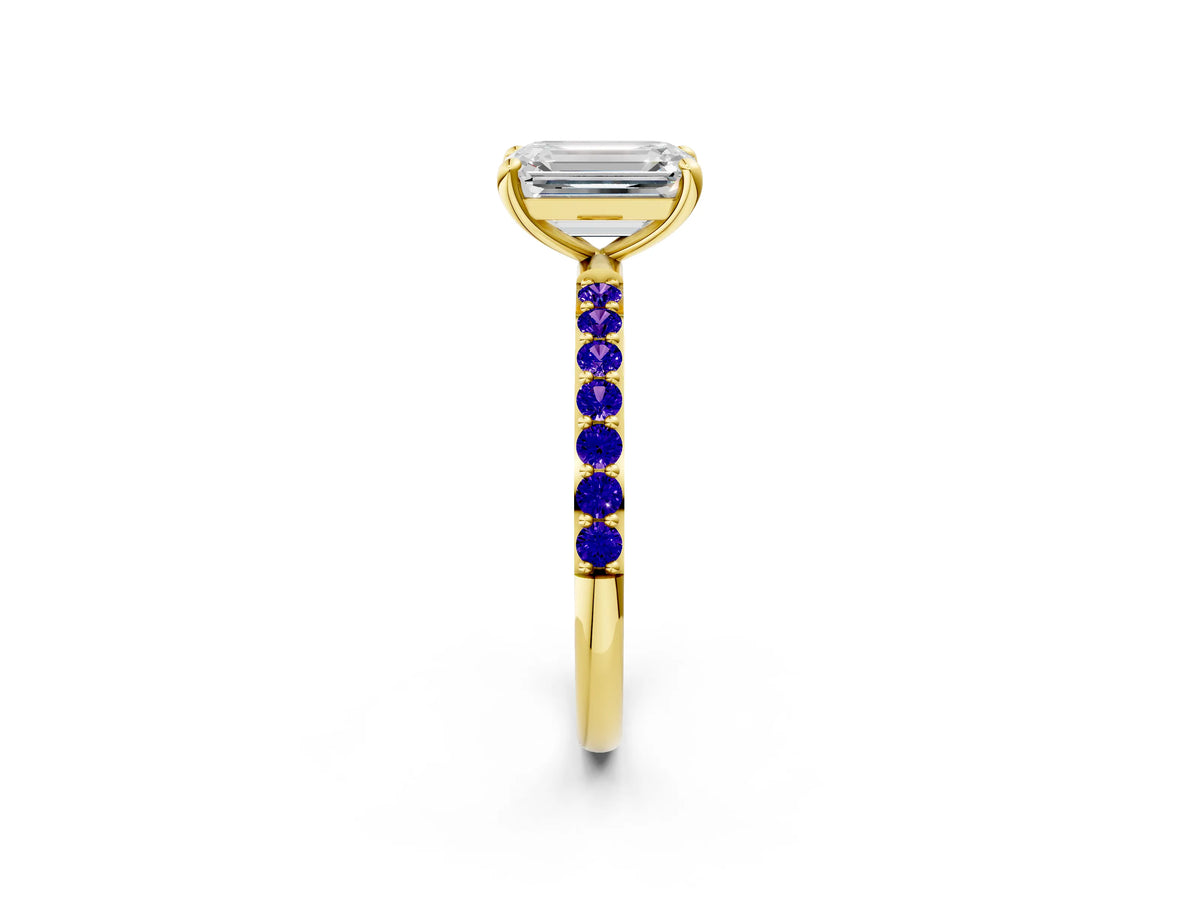 Yellow gold Emerald Cut Diamond Solitaire Ring with Round Tanzanite Pavé Band and Prong Setting_2