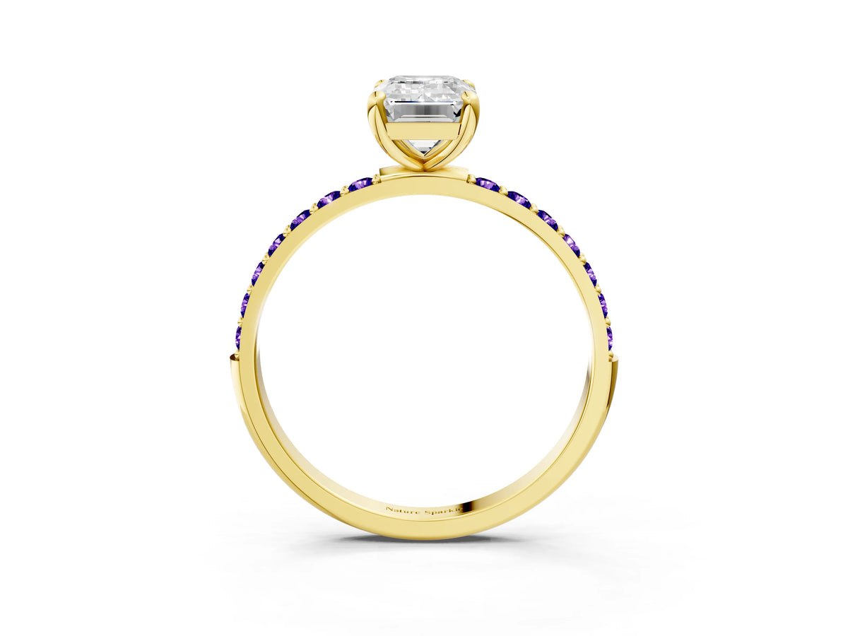 Yellow gold Emerald Cut Diamond Solitaire Ring with Round Tanzanite Pavé Band and Prong Setting_3