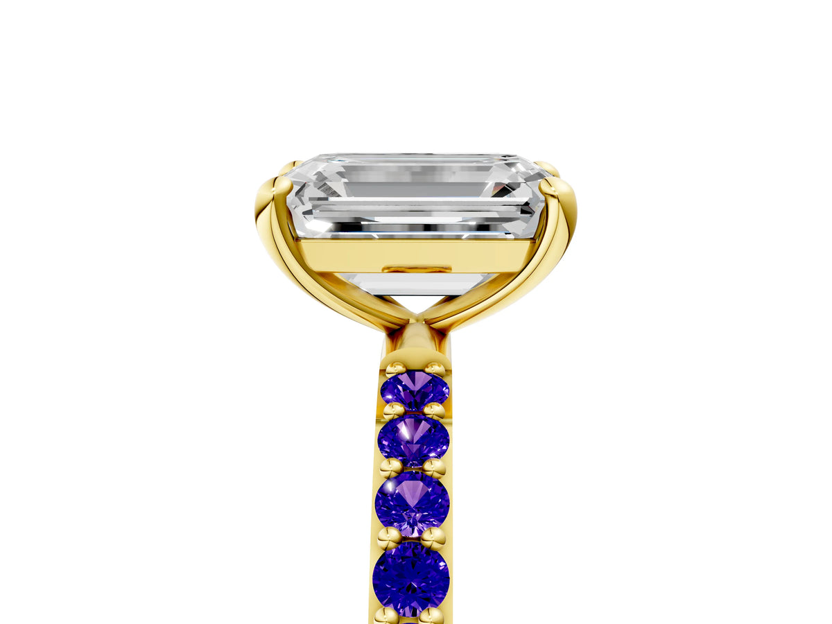 Yellow gold Emerald Cut Diamond Solitaire Ring with Round Tanzanite Pavé Band and Prong Setting_5