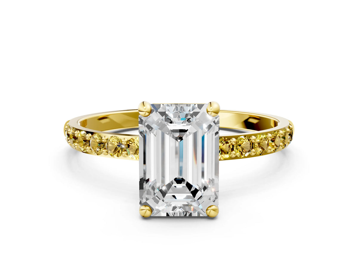Yellow gold Emerald Cut Diamond Solitaire Ring with Round Yellow Sapphire Pavé Band and Prong Setting
