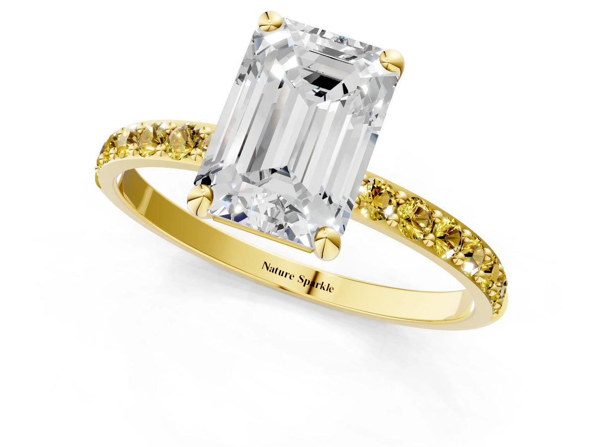 Yellow gold Emerald Cut Diamond Solitaire Ring with Round Yellow Sapphire Pavé Band and Prong Setting_1