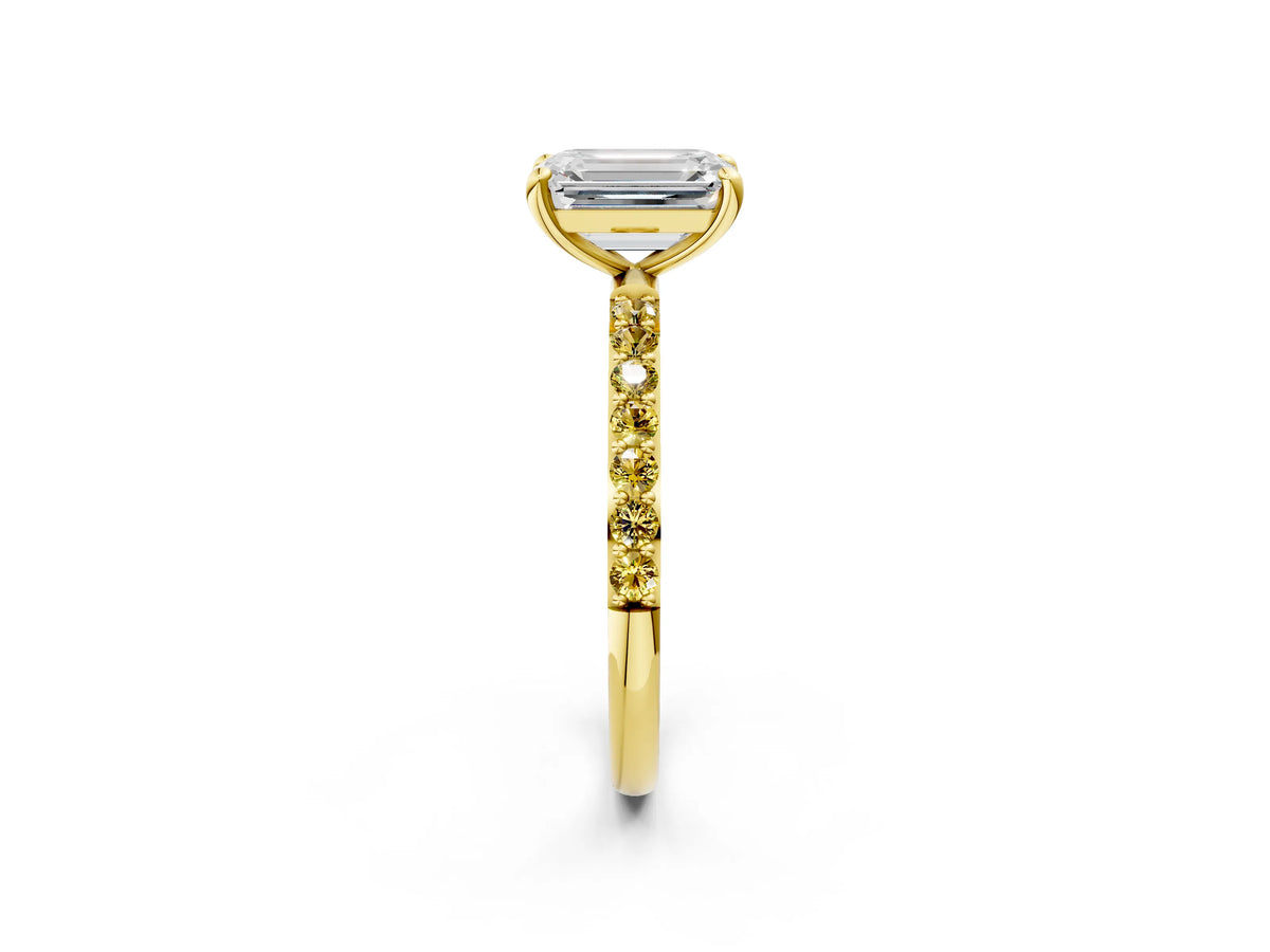 Yellow gold Emerald Cut Diamond Solitaire Ring with Round Yellow Sapphire Pavé Band and Prong Setting_2