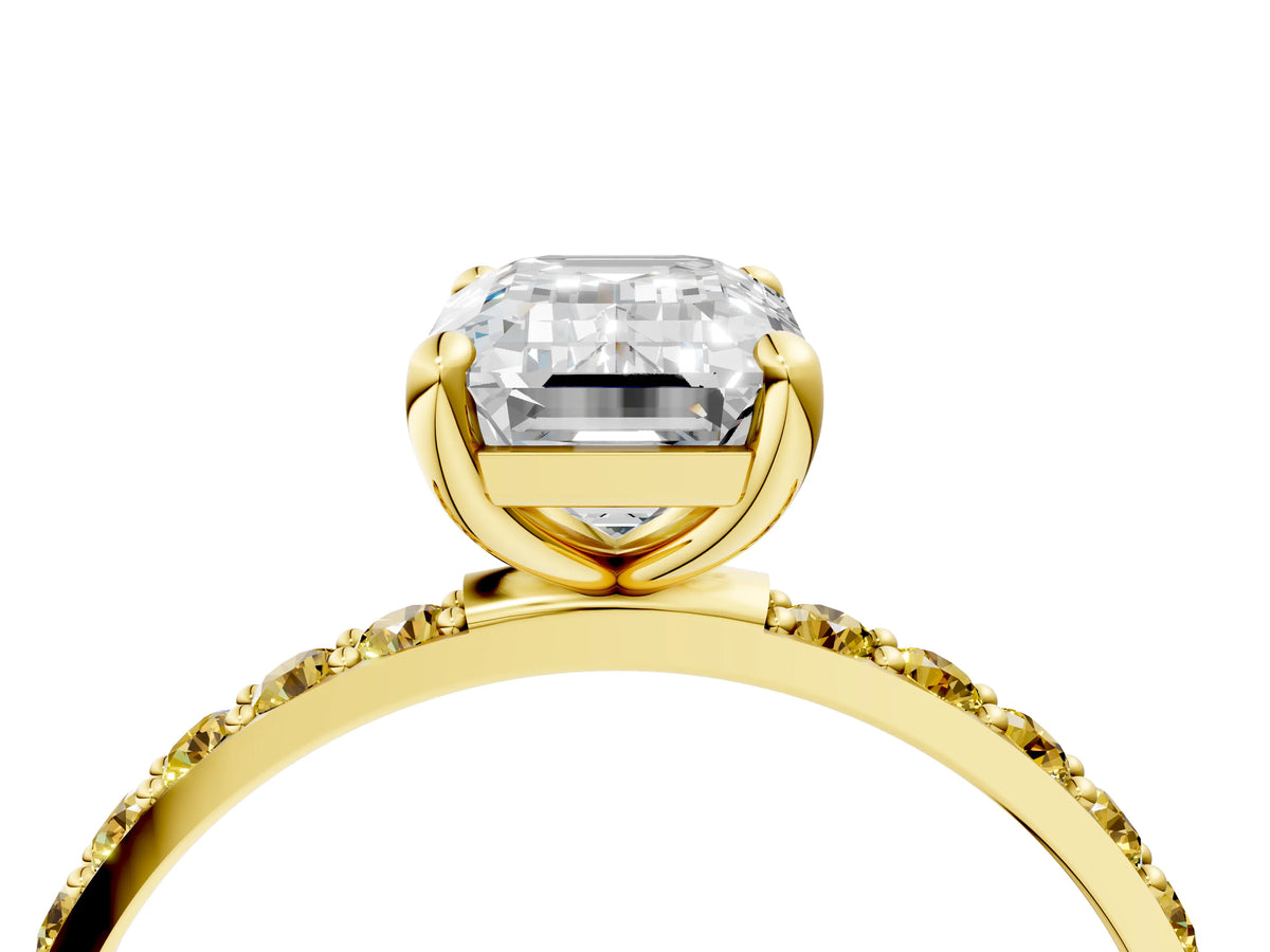 Yellow gold Emerald Cut Diamond Solitaire Ring with Round Yellow Sapphire Pavé Band and Prong Setting_4