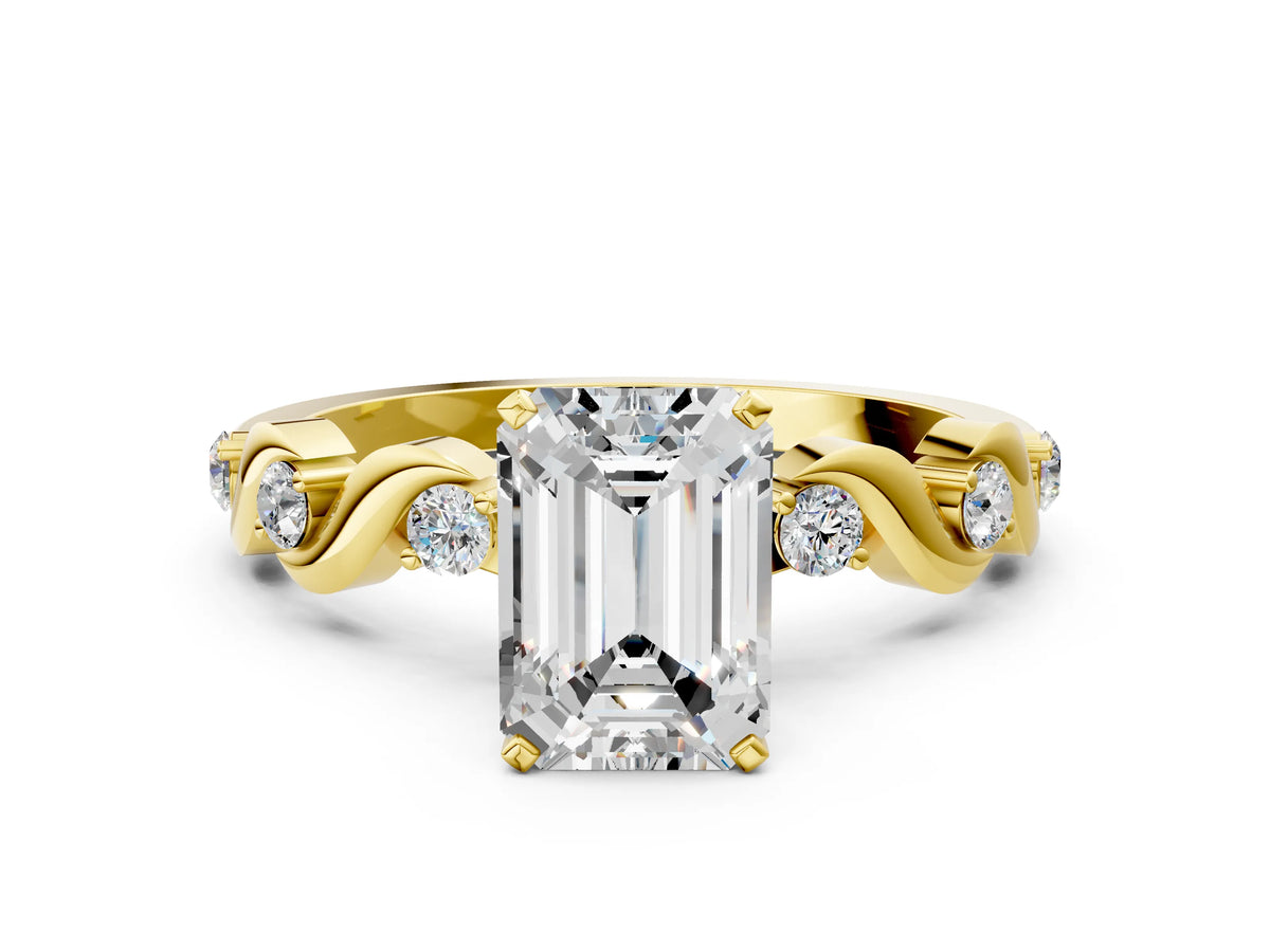 Yellow gold Emerald Cut Diamond Solitaire Twisted Band with Round Accents and Prong Setting