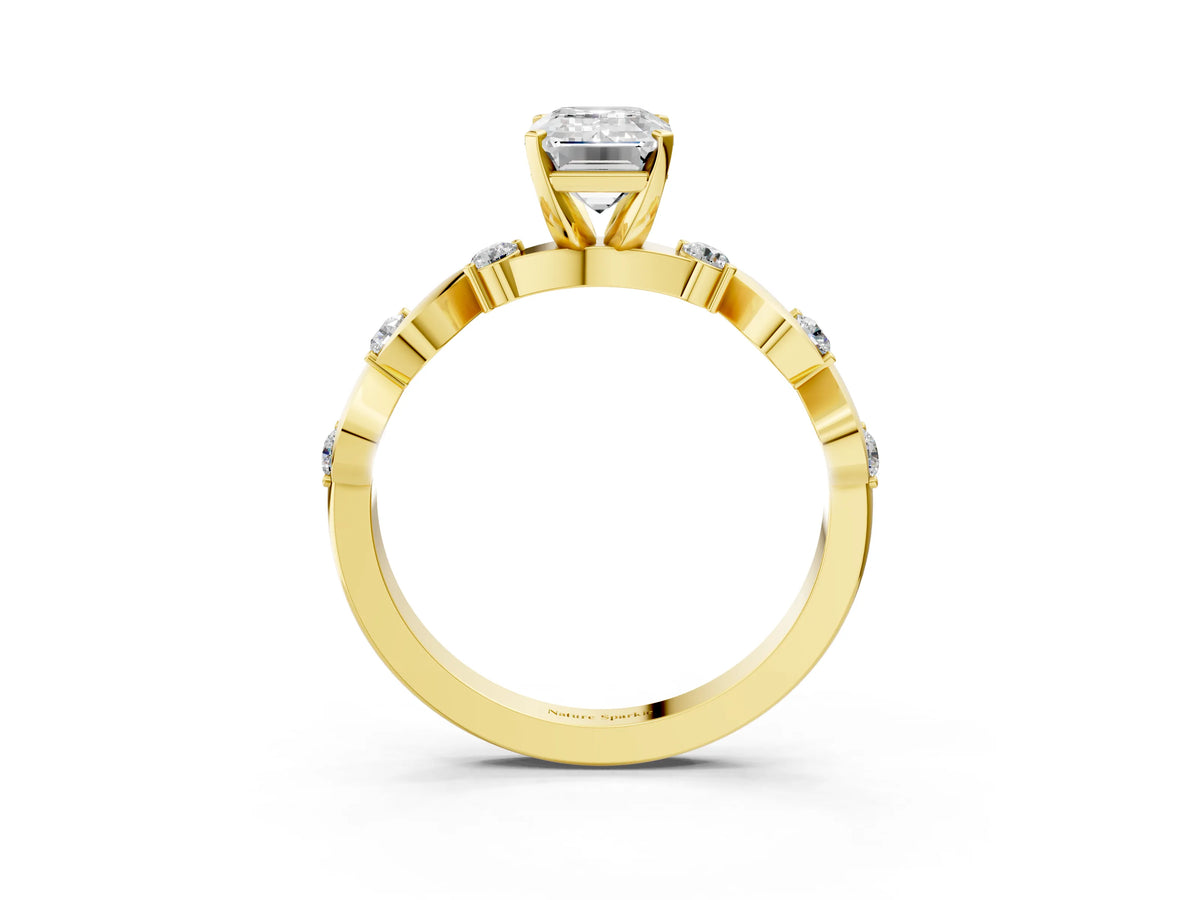 Yellow gold Emerald Cut Diamond Solitaire Twisted Band with Round Accents and Prong Setting_3