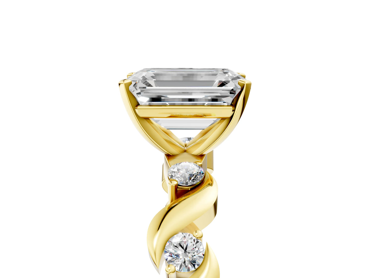Yellow gold Emerald Cut Diamond Solitaire Twisted Band with Round Accents and Prong Setting_5