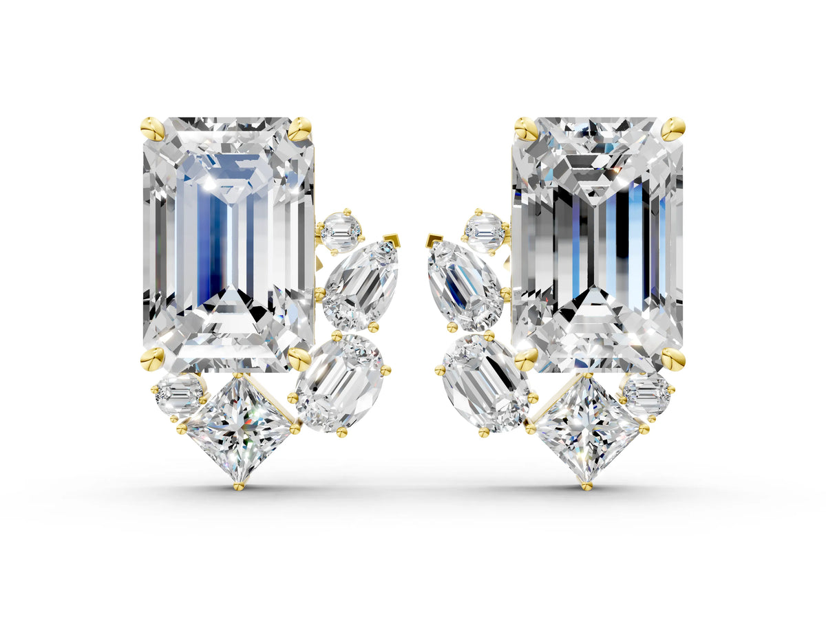 Yellow gold Emerald Cut Diamond Stud Earrings with Round and Oval Accents