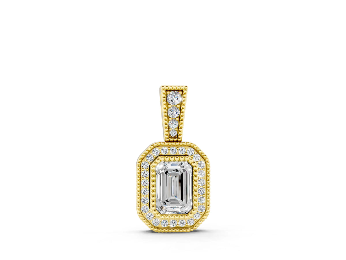 Yellow gold Emerald Cut Halo Diamond Pendant with Pavé Setting