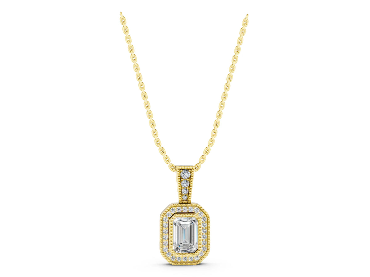 Yellow gold Emerald Cut Halo Diamond Pendant with Pavé Setting_1