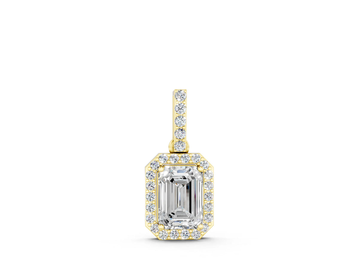 Yellow gold Emerald Cut Halo Diamond Pendant with Prong Setting