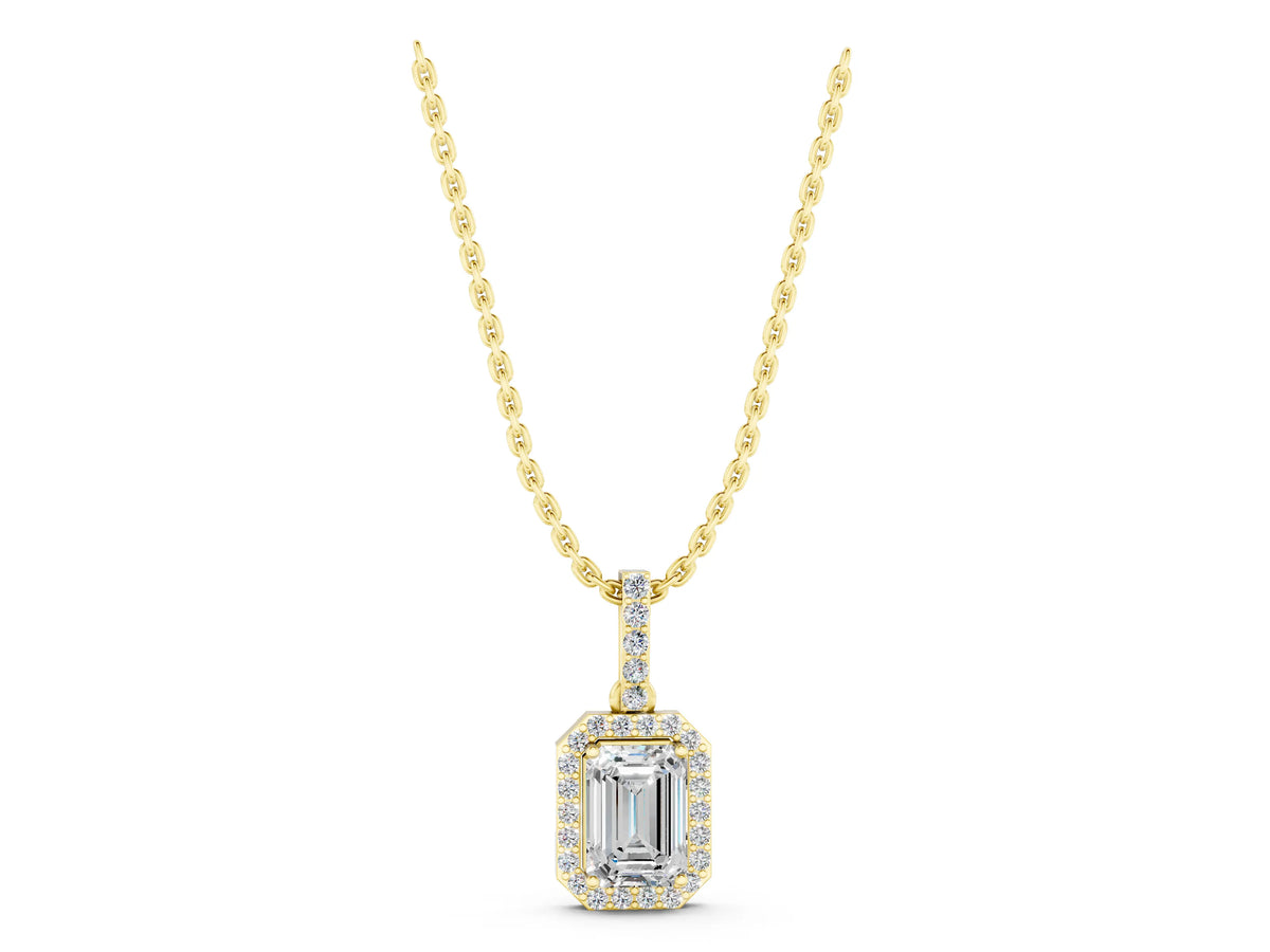 Yellow gold Emerald Cut Halo Diamond Pendant with Prong Setting_1