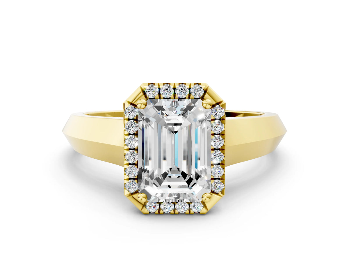 Yellow gold Emerald Cut Halo Diamond Ring with Cathedral Band and Four-Prong Setting